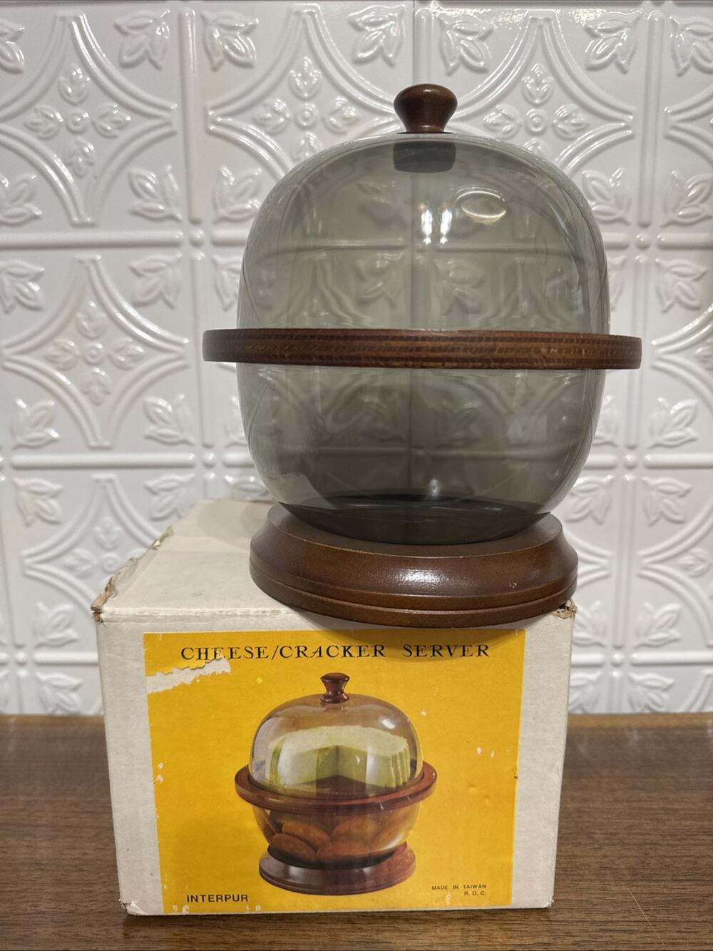 Vintage Cheese and Cracker Wood Server Plastic Dome and Bowl Wooden Divider